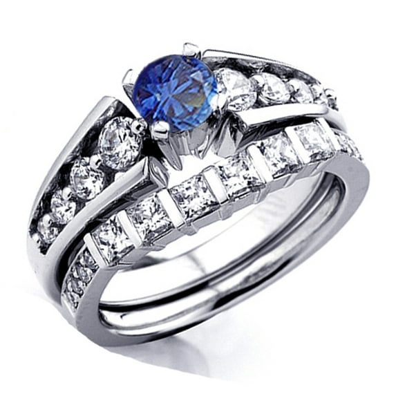 Dazzlingrock Collection 18K Princess & Round White Diamond And Blue Sapphire Bridal Engagement Ring Set, White Gold, Size 6.5