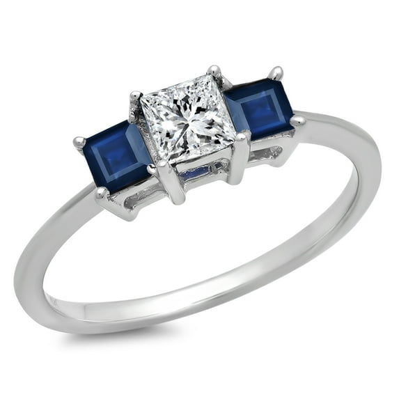 Dazzlingrock Collection 18K Princess White Diamond and Blue Sapphire Ladies Bridal 3 Stone Ring, White Gold, Size 9