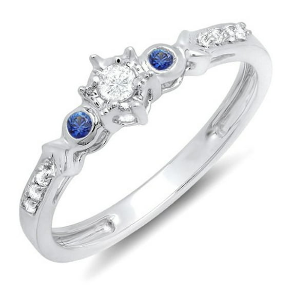 Dazzlingrock Collection 18K Round Blue Sapphire And White Diamond 3 Stone Bridal Engagement Promise Ring, White Gold, Size 7