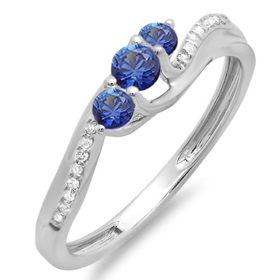Dazzlingrock Collection 18K Round Blue Sapphire And White Diamond 3 Stone Swirl Bridal Engagement Ring, White Gold, Size 7