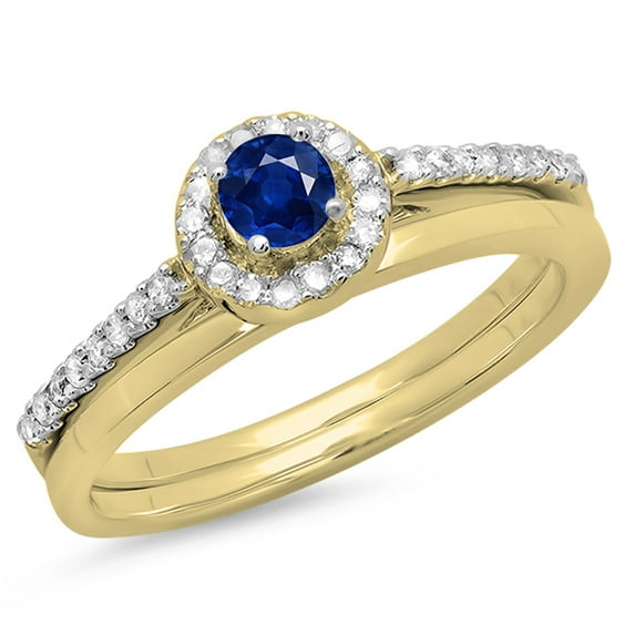 Dazzlingrock Collection 18K Round Blue Sapphire And White Diamond Bridal Engagement Halo Ring Set, Yellow Gold, Size 5