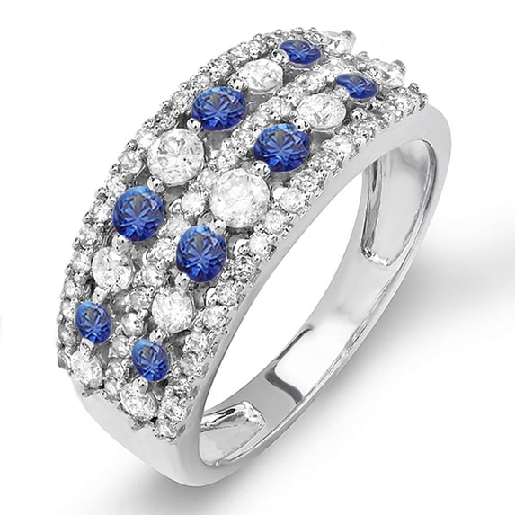 Dazzlingrock Collection 18K Round Blue Sapphire And White Diamond Ladies Anniversary Wedding Band Ring, White Gold, Size 5.5