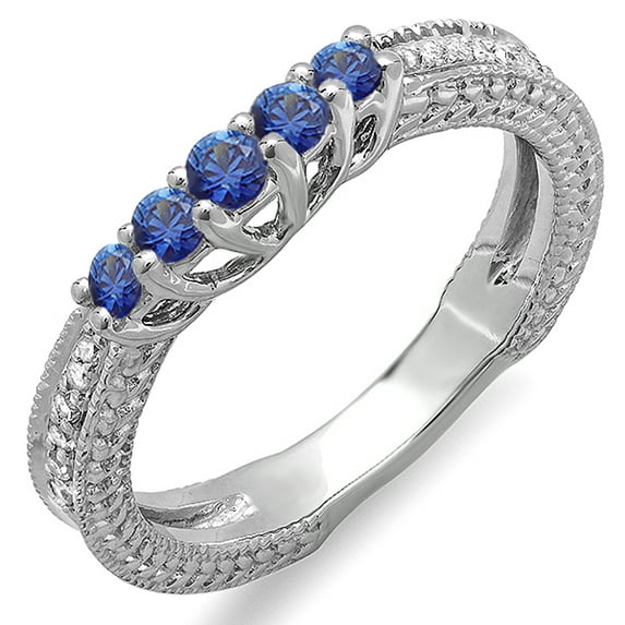 Dazzlingrock Collection 18K Round Blue Sapphire And White Diamond Ladies Wedding Band Guard Enhancer Ring, White Gold, Size 7.5