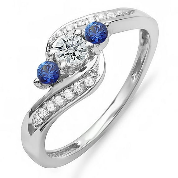 Dazzlingrock Collection 18K Round Blue Sapphire And White Diamond Swirl Engagement 3 Stone Bridal Ring, White Gold, Size 4.5
