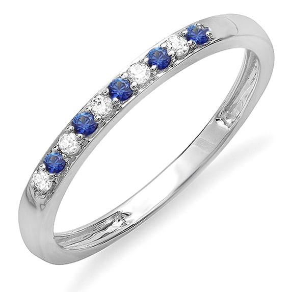 Dazzlingrock Collection 18K Round Blue Sapphire & White Diamond Ladies Anniversary Wedding Stackable Band, White Gold, Size 6