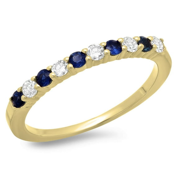 Dazzlingrock Collection 18K Round Blue Sapphire & White Diamond Ladies Stackable Wedding Band, Yellow Gold, Size 8