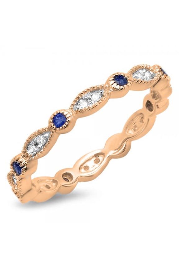 Collection 18K Round Blue Sapphire & White Diamond Ladies Vintage Anniversary Stackable Ring, Rose Gold, Size 7