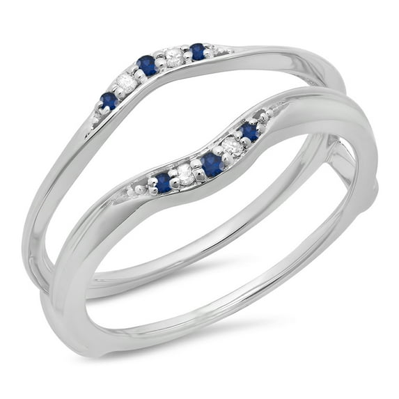 Dazzlingrock Collection 18K Round Blue Sapphire & White Diamond Ladies Wedding Guard Double Ring 1/10 CT, White Gold, Size 4