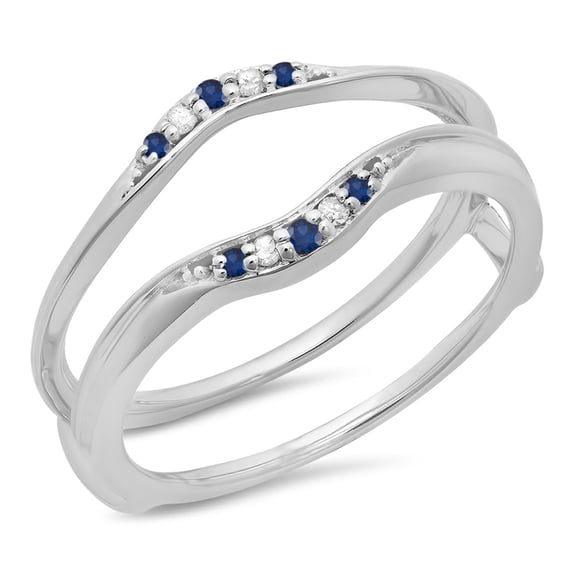 Dazzlingrock Collection 18K Round Blue Sapphire & White Diamond Ladies Wedding Guard Double Ring 1/10 CT, White Gold, Size 7.5
