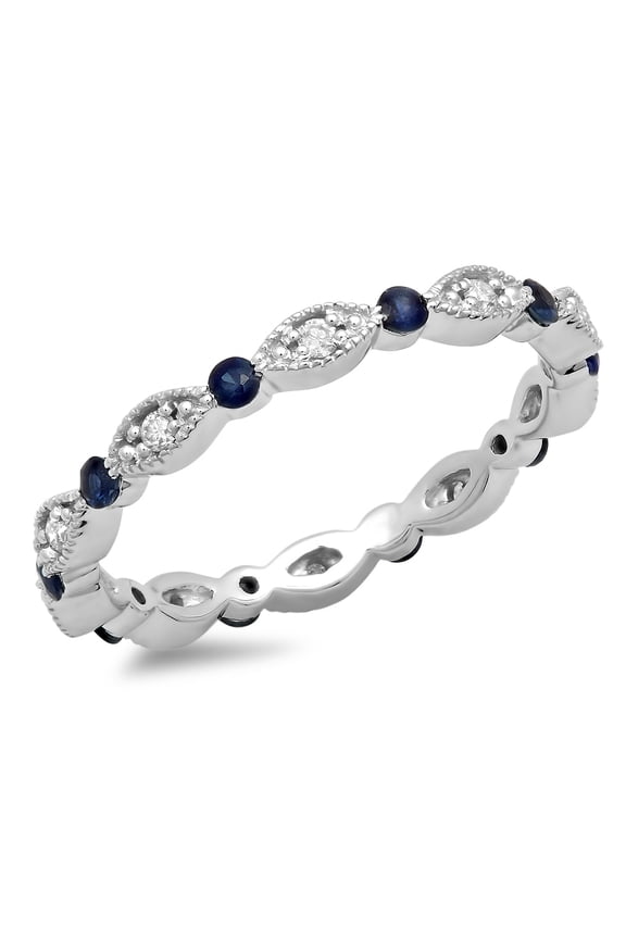 Collection 18K Round Blue Sapphire & White Diamond Ladies Wedding Stackable Band, White Gold, Size 7