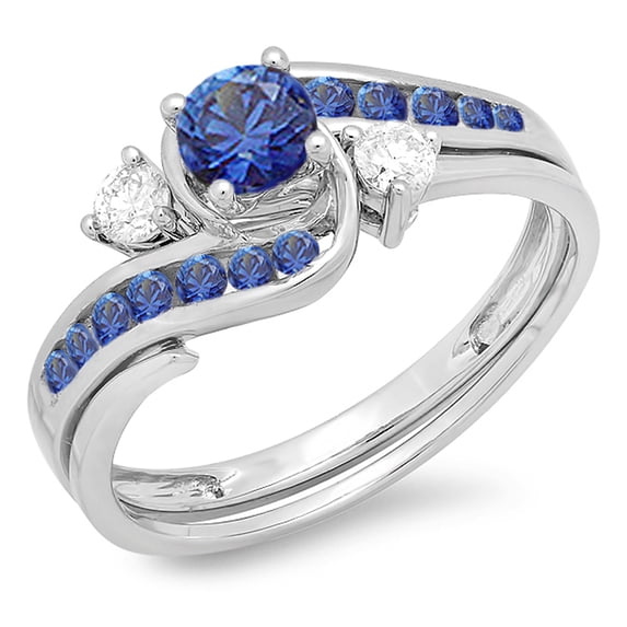 Dazzlingrock Collection 18K Round Blue Sapphire & White Diamond Swirl Bridal Engagement Ring Set, White Gold, Size 7