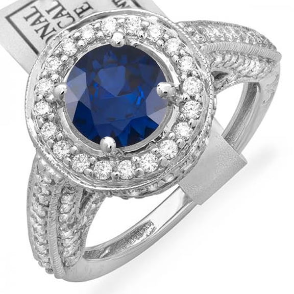 Dazzlingrock Collection 18K Round Blue Sapphire & White Diamond Vintage Halo Engagement Bridal Ring, White Gold, Size 7