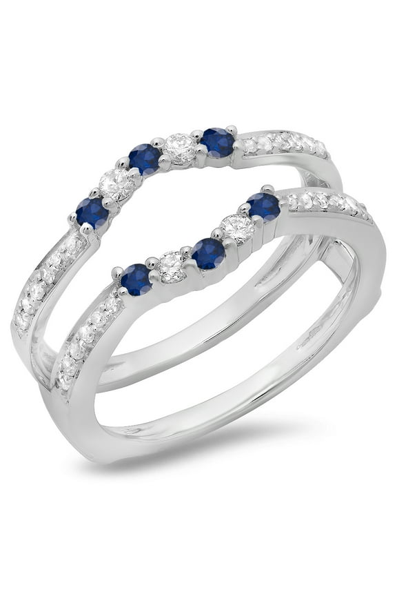 Collection 18K Round Blue Sapphire & White Diamond Wedding Band 5 Stone Enhancer Guard Ring, White Gold, Size 7