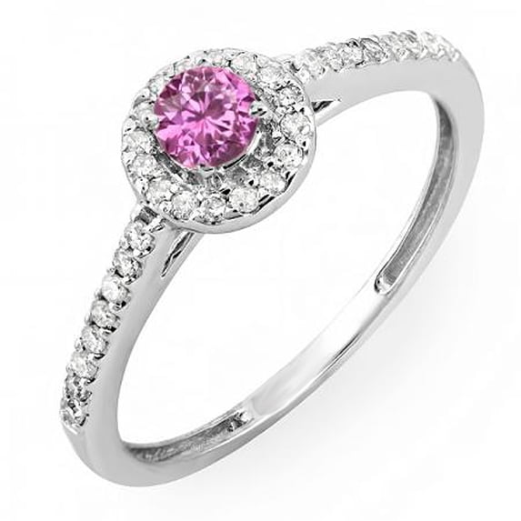 Dazzlingrock Collection 18K Round Cut Pink Sapphire & White Diamond Ladies Engagement Bridal Halo Ring, White Gold, Size 6.5