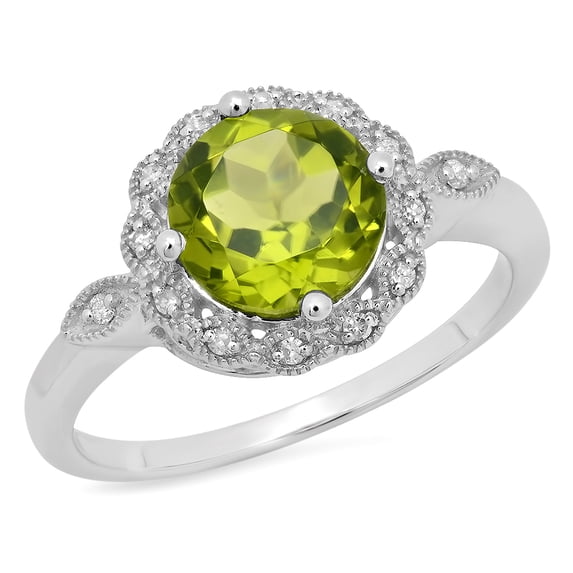 Dazzlingrock Collection 18K Round Peridot & White Diamond Ladies Bridal Halo Vintage Engagement Ring, White Gold, Size 4