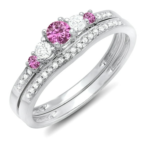 Dazzlingrock Collection 18K Round Pink Sapphire And White Diamond 5 Stone Bridal Engagement Ring Set, White Gold, Size 5
