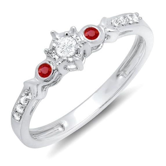Dazzlingrock Collection 18K Round Ruby And White Diamond 3 Stone Ladies Bridal Engagement Promise Ring, White Gold, Size 6.5