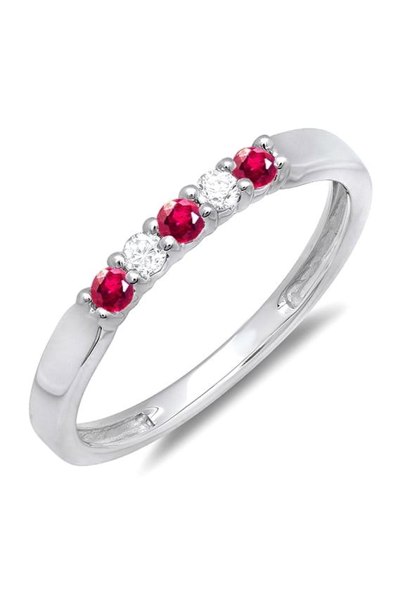 Collection 18K Round Ruby And White Diamond 5 Stone Ladies Anniversary Wedding Band Ring, White Gold, Size 5