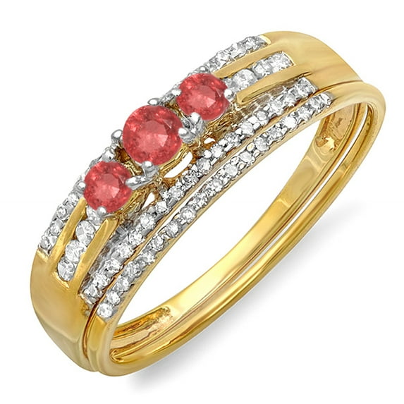 Dazzlingrock Collection 18K Round Ruby And White Diamond Ladies 3 Stone Bridal Ring Engagement Set, Yellow Gold, Size 8.5