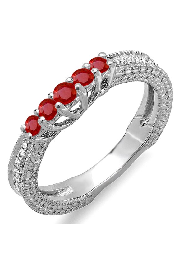 Collection 18K Round Ruby And White Diamond Ladies Anniversary Wedding Guard Enhancer Ring, White Gold, Size 7