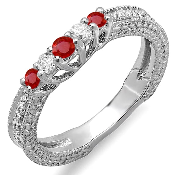 Dazzlingrock Collection 18K Round Ruby And White Diamond Ladies Anniversary Wedding Guard Enhancer Ring, White Gold, Size 9