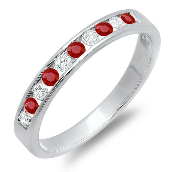 Dazzlingrock Collection 18K Round Ruby And White Diamond Ladies Anniversary Wedding Stackable Ring Band, White Gold, Size 6