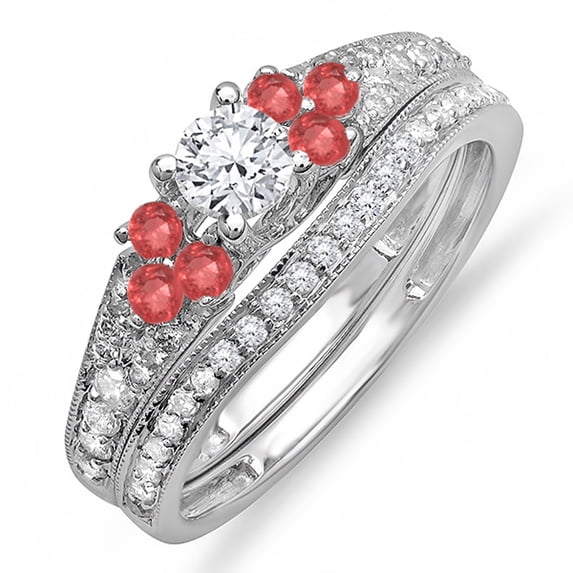 Dazzlingrock Collection 18K Round Ruby And White Diamond Ladies Bridal Engagement Ring Matching Band Set, White Gold, Size 9