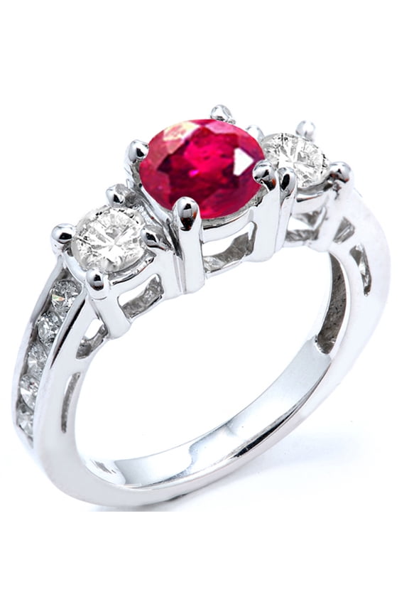 Collection 18K Round Ruby And White Diamond Ladies Bridal Engagement Ring, White Gold, Size 7.5