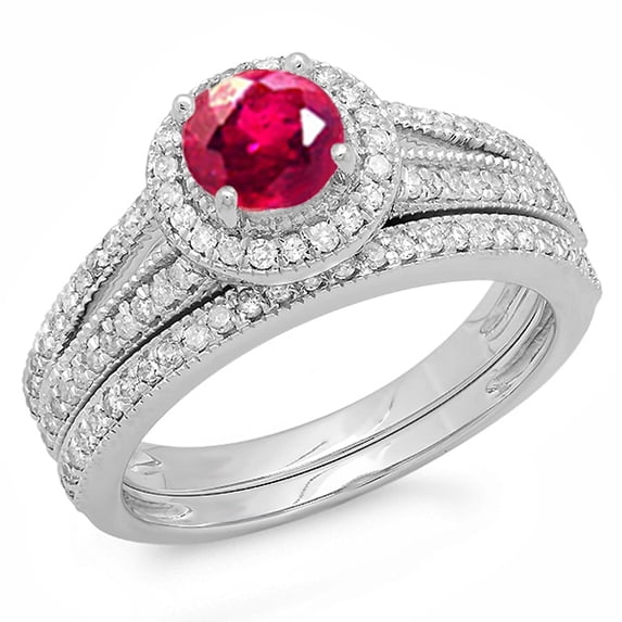 Dazzlingrock Collection 18K Round Ruby And White Diamond Ladies Halo Bridal Engagement Ring Set With Band, White Gold, Size 7
