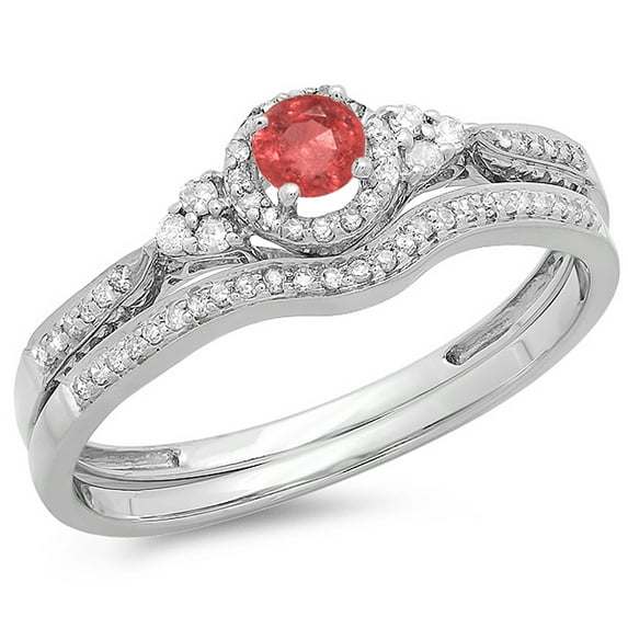 Dazzlingrock Collection 18K Round Ruby And White Diamond Ladies Halo Style Bridal Engagement Ring Set, White Gold, Size 7