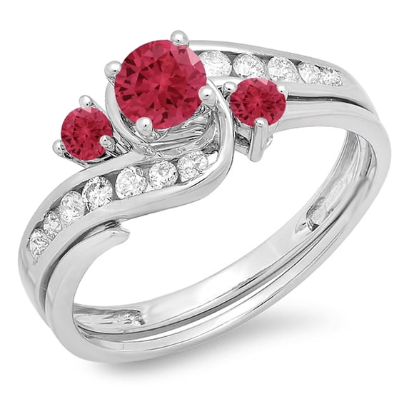 Dazzlingrock Collection 18K Round Ruby And White Diamond Ladies Swirl Bridal Engagement Ring Matching Band Set, White Gold, Size 6