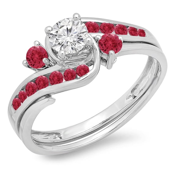 Dazzlingrock Collection 18K Round Ruby And White Diamond Ladies Swirl Bridal Engagement Ring Matching Band Set, White Gold, Size 9