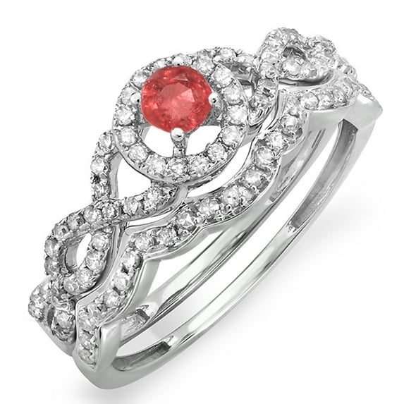Dazzlingrock Collection 18K Round Ruby & White Diamond Halo Bridal Engagement Ring Matching Band Set, White Gold, Size 7.5