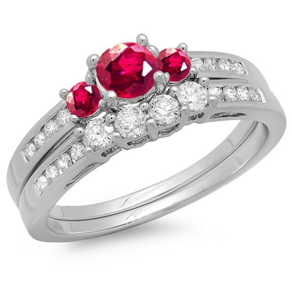 Dazzlingrock Collection 18K Round Ruby & White Diamond Ladies Bridal Engagement Ring Matching Band Set, White Gold, Size 7.5
