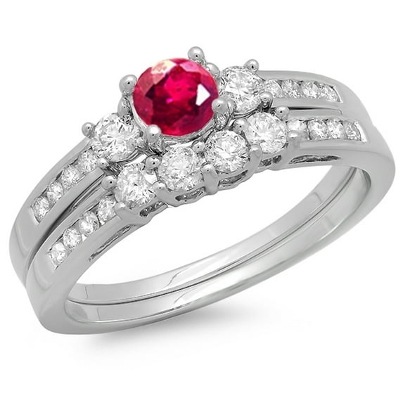 Dazzlingrock Collection 18K Round Ruby & White Diamond Ladies Bridal Engagement Ring Matching Band Set, White Gold, Size 9