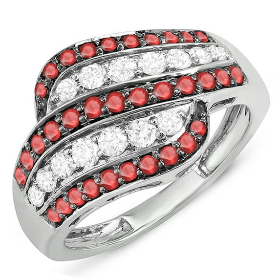 Dazzlingrock Collection 18K Round Ruby & White Diamond Ladies Cocktail Right Hand Ring, White Gold, Size 7