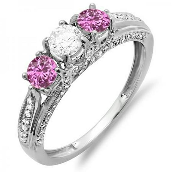 Dazzlingrock Collection 18K Round White Diamond And Pink Sapphire Vintage Bridal 3 Stone Engagement Ring, White Gold, Size 8.5