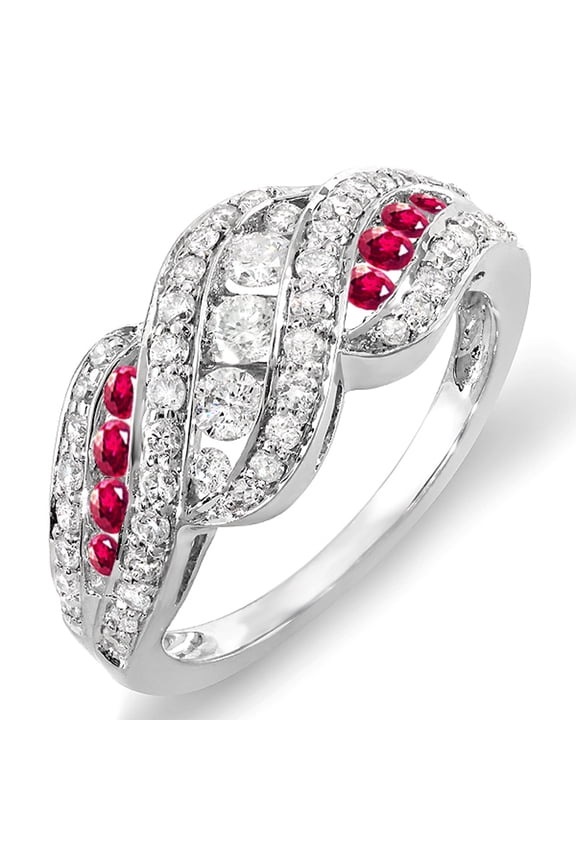 Collection 18K Round White Diamond And Ruby Ladies Cocktail Right Hand Ring, White Gold, Size 6