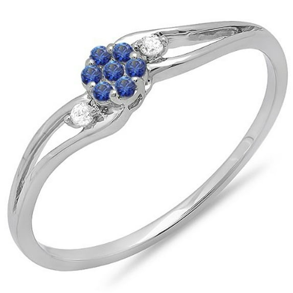 Dazzlingrock Collection 18K Round White Diamond & Blue Sapphire Ladies Bridal Swirl Cluster Promise Ring, White Gold, Size 7.5