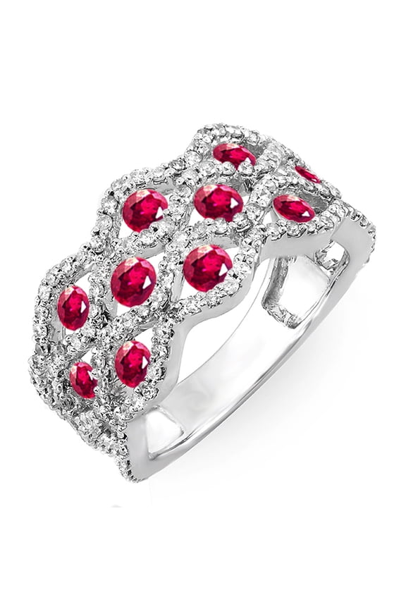 Collection 18K Round White Diamond & Ruby Ladies Cocktail Right Hand Ring, White Gold, Size 5