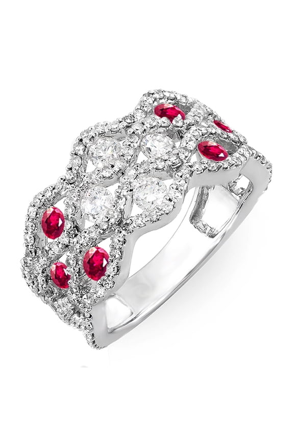 Collection 18K Round White Diamond & Ruby Ladies Cocktail Right Hand Ring, White Gold, Size 9