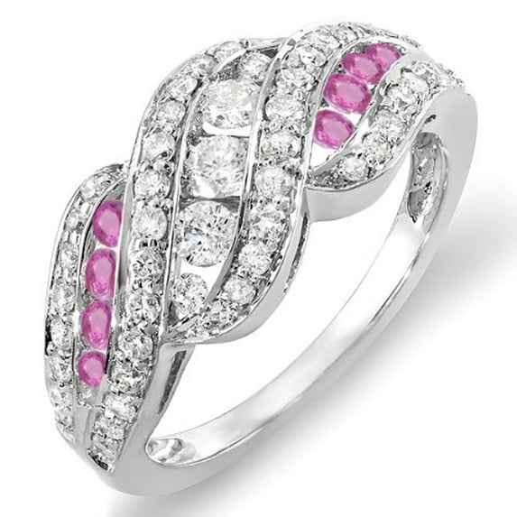 Dazzlingrock Collection 18K Round White Dimaond And Pink Sapphire Ladies Cocktail Right Hand Ring, White Gold, Size 8