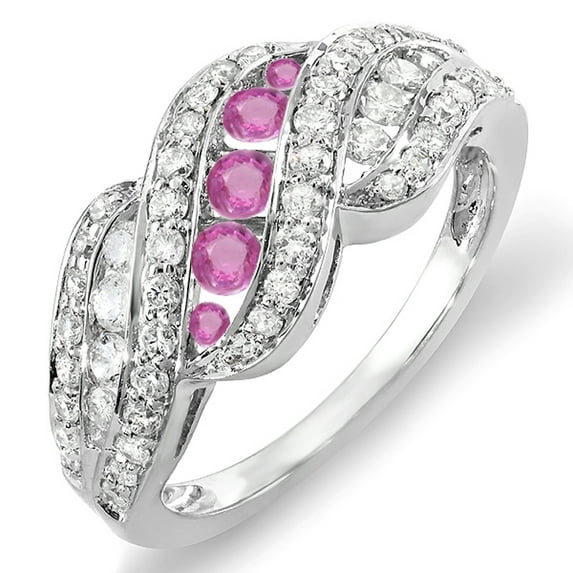 Dazzlingrock Collection 18K Round White Dimaond And Pink Sapphire Ladies Cocktail Right Hand Ring, White Gold, Size 9