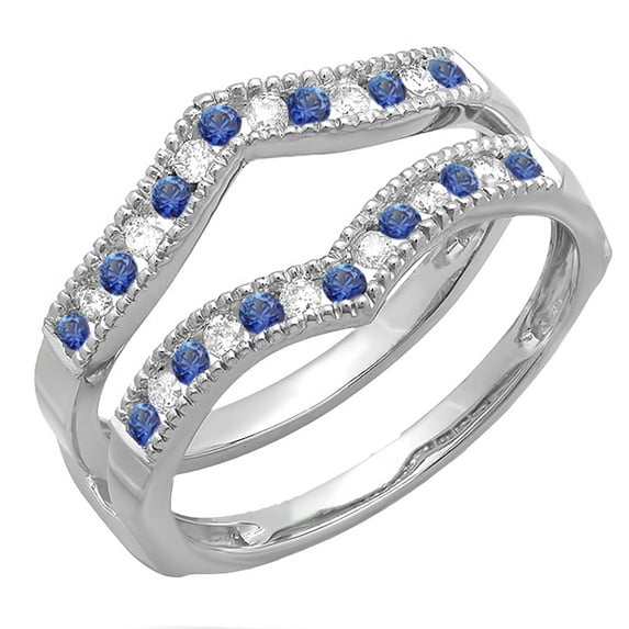 Dazzlingrock Collection 18K White Diamond & Blue Sapphire Ladies Millgrain Anniversary Wedding Guard Ring, White Gold, Size 7