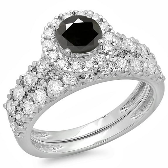 Dazzlingrock Collection 2.00 Carat (ctw) 10K Black & White Diamond Bridal Halo Engagement Ring Set 2 CT, White Gold, Size 8.5