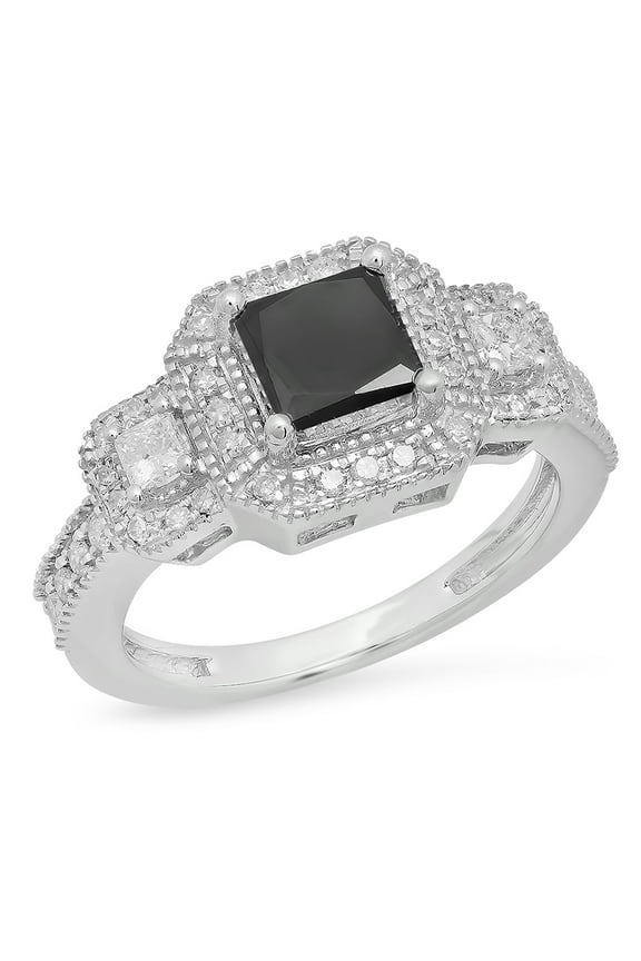 Collection 2.00 Carat (ctw) 10K Princess & Round Black & White Diamond Engagement Ring, White Gold, Size 7
