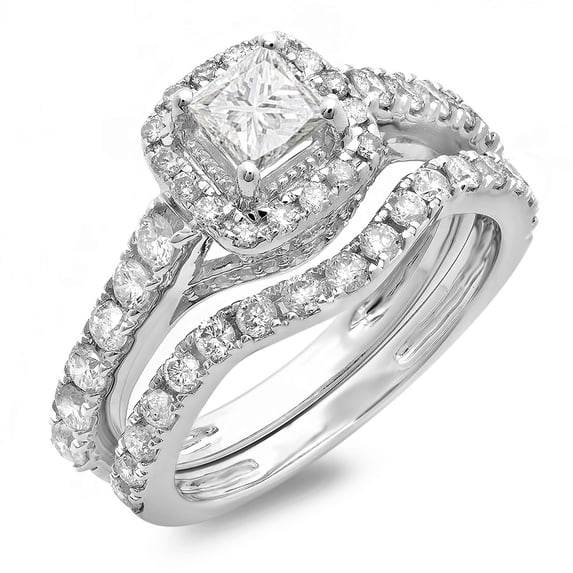 Dazzlingrock Collection 2.00 Carat (ctw) 10K Princess & Round Diamond Ladies Halo Engagement Ring Set 2 CT, White Gold, Size 9