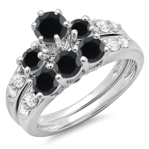 Dazzlingrock Collection 2.00 Carat (ctw) 10k Black & White Diamond 3 Stone Bridal Engagement Ring Set 2 CT, White Gold, Size 5