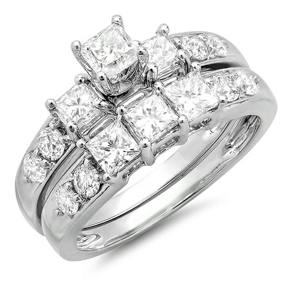 Dazzlingrock Collection 2.00 Carat (ctw) 14K Princess & Round Diamond 3 Stone Engagement Ring Set 2 CT, White Gold, Size 5.5
