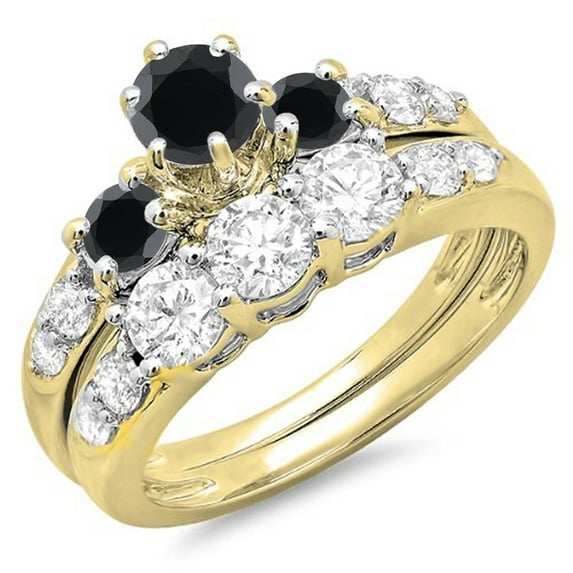 Dazzlingrock Collection 2.00 Carat (ctw) 14k Black & White Diamond 3 Stone Engagement Ring Set 2 CT, Yellow Gold, Size 8.5
